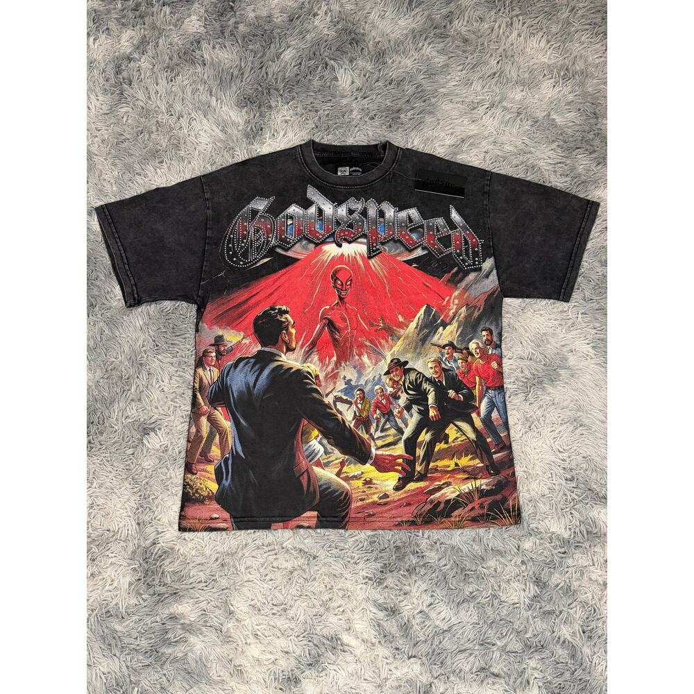 Godspeed NY Black with Red Graphic Tee Alien Volcano Invasion Streetwear Size L
